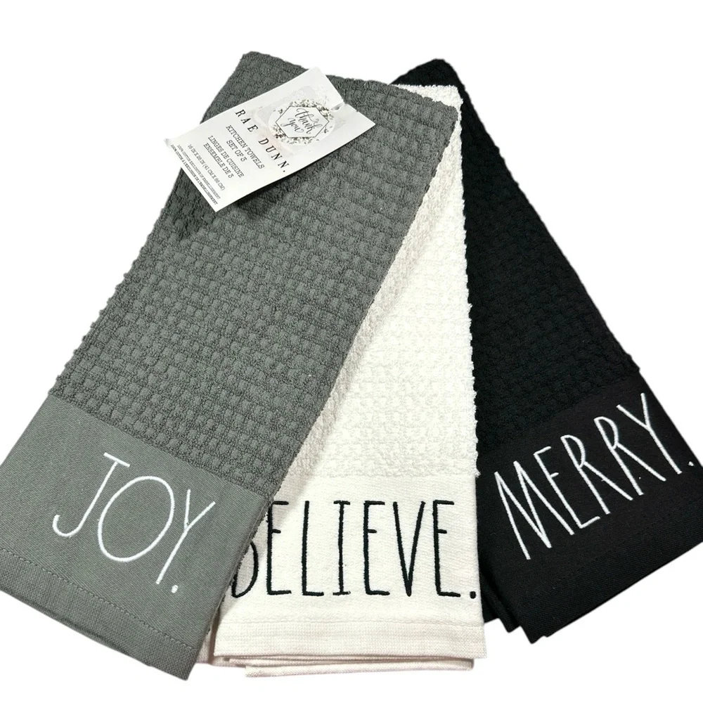 NEW Rae Dunn JOY. BELIEVE. MERRY. Christmas Kitchen Towel Set/3
